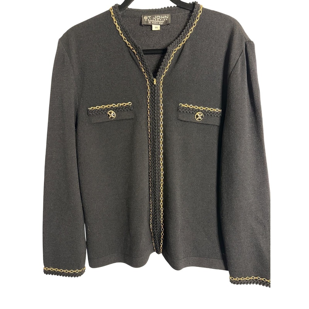 ST. JOHN Size 14 Vintage Black Santana Knit Gold Chain Zip Y2K Cardigan Jacket